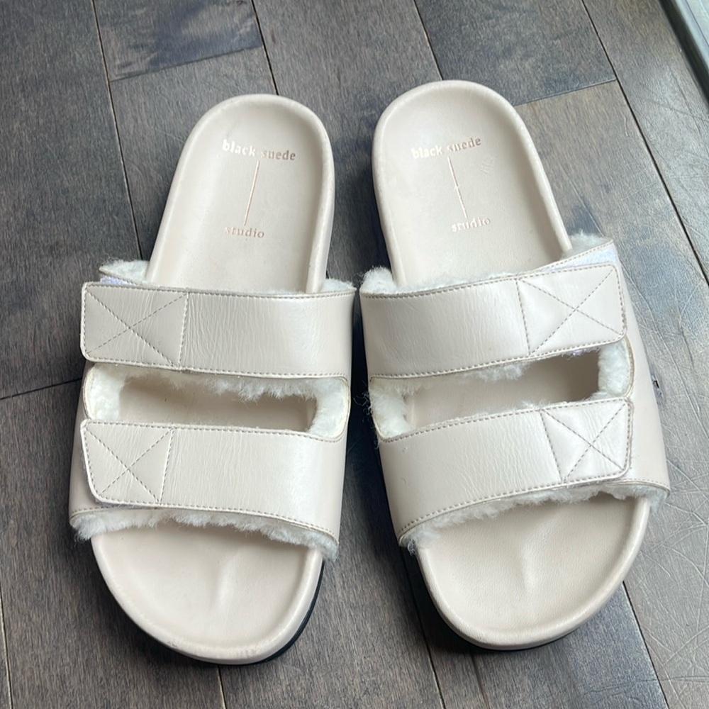 Black Suede Studio shearling & leather slides 37